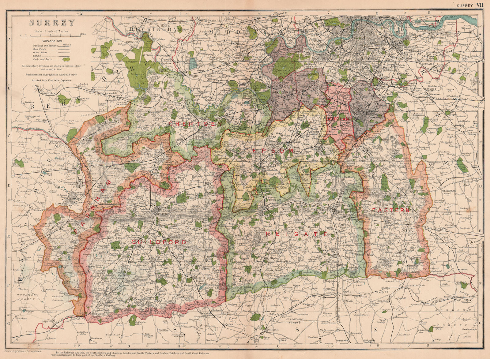 SURREY. Showing Parliamentary divisions, boroughs & parks. BACON 1927 old map